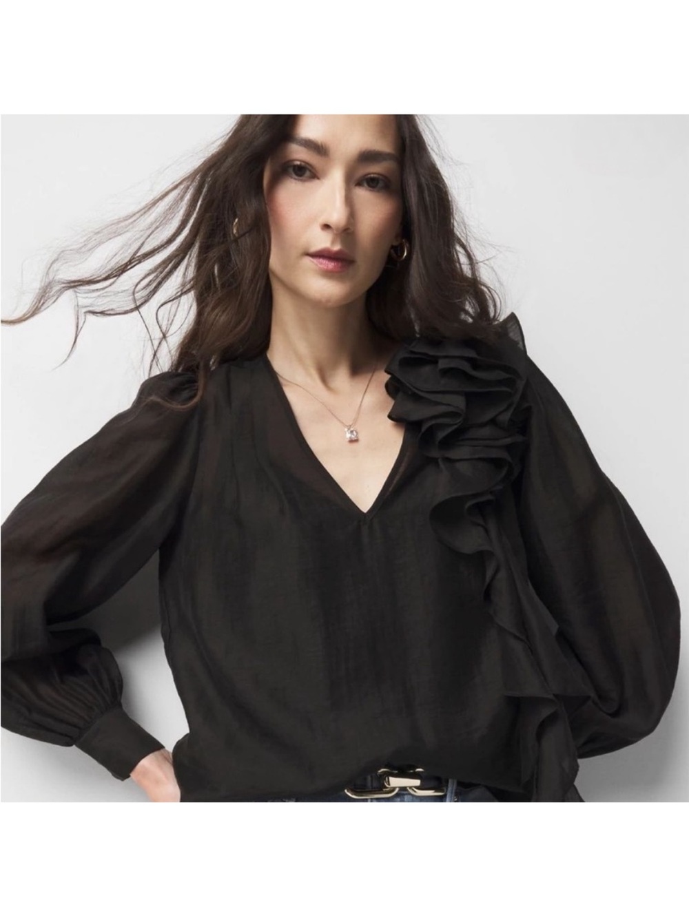 NWT White House Black Market Black Ruffle V-Neck Puff Sleeve Blouse